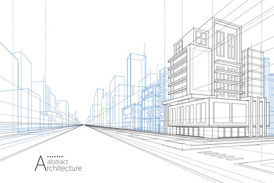 3D illustration abstract modern urban building out-line drawing of imagination architecture building construction perspective design. 