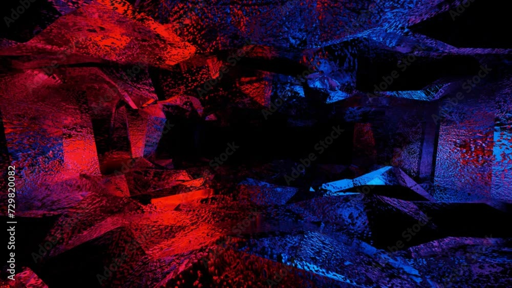 Poster endless movement forward through a dark abstract cave illuminated by red and blue light. animated lo