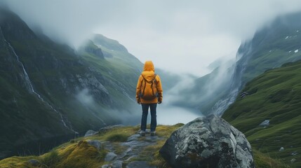 Person with tourist backpack and overcast rocky landscape. Generative AI - obrazy, fototapety, plakaty
