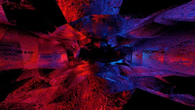 endless movement forward through a dark abstract cave illuminated by red and blue light. animated looping background. 3D render