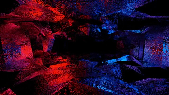 endless movement forward through a dark abstract cave illuminated by red and blue light. animated looping background. 3D render