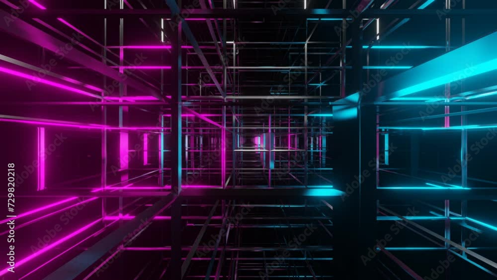 Poster endless movement through an abstract structure of lines illuminated with purple and blue light. anim