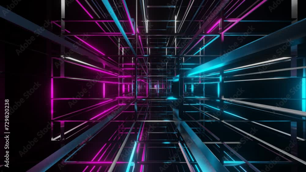 Poster endless movement through an abstract structure of lines illuminated with purple and blue light. anim