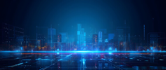Fototapeta premium Illustration of a modern futuristic smart city concept with abstract bright lights against a blue background. Showcases cityscape urban architecture, emphasizing a futuristic technology city concept.