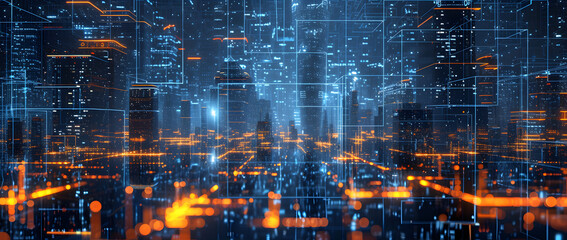 Naklejka premium Illustration of a modern futuristic smart city concept with abstract bright lights against a blue background. Showcases cityscape urban architecture, emphasizing a futuristic technology city concept.