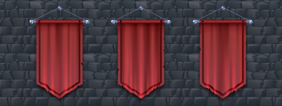 Medieval red cloth banners set isolated on stone background. Vector realistic illustration of silk flags with torn edges hanging on old castle wall, blank frame space for royal sign, vertical pennant