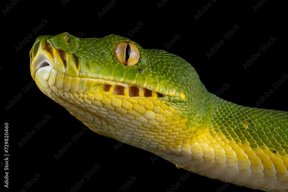 Wall mural green tree python snake closeup head, chondropython viridis snake closeup with black background, mor