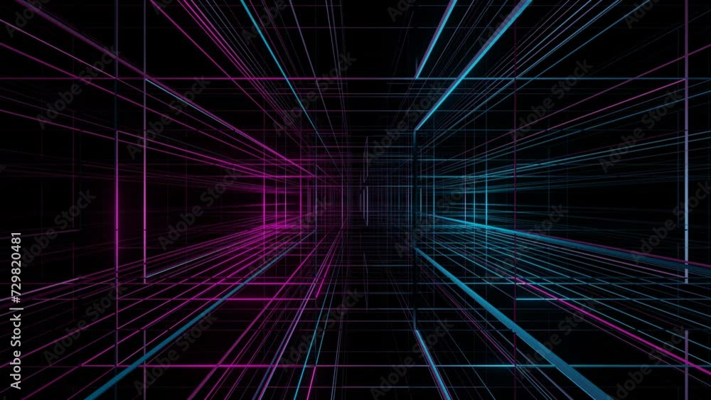 Poster endless movement through an abstract structure of lines illuminated with purple and blue light. anim