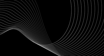 Grey abstract curved wavy lines on black background. Vector futuristic minimal design