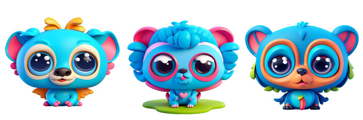 Fototapeta premium Cute funny monsters with big eyes lovely little animals isolated in transparent background