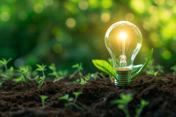 World environment and earth day concept with lightbulb in green forest. Eco friendly enviroment