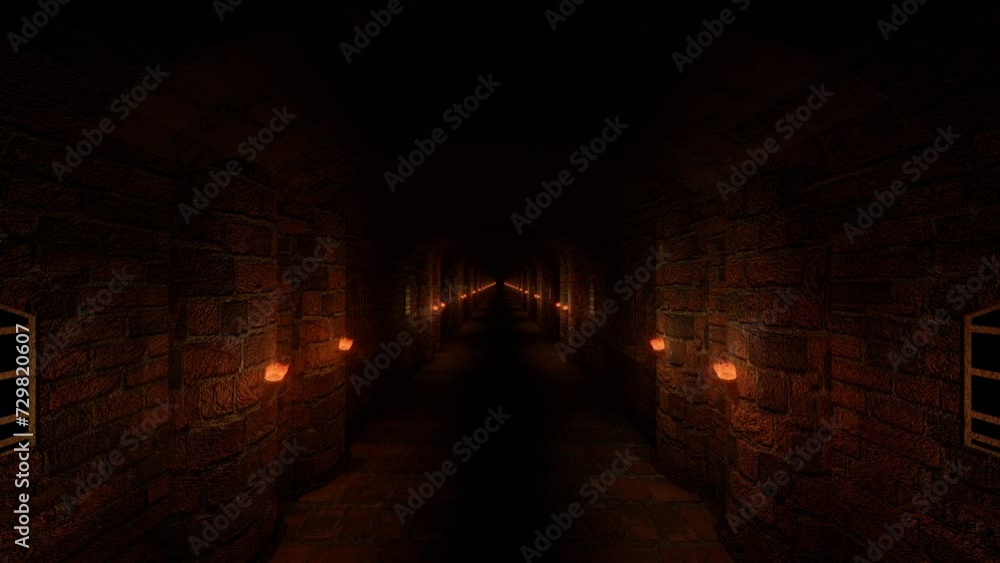 Poster endless movement forward along the stylized corridor of a medieval castle with burning torches on th