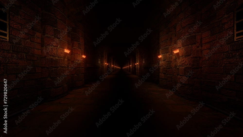 Poster endless movement forward along the stylized corridor of a medieval castle with burning torches on th