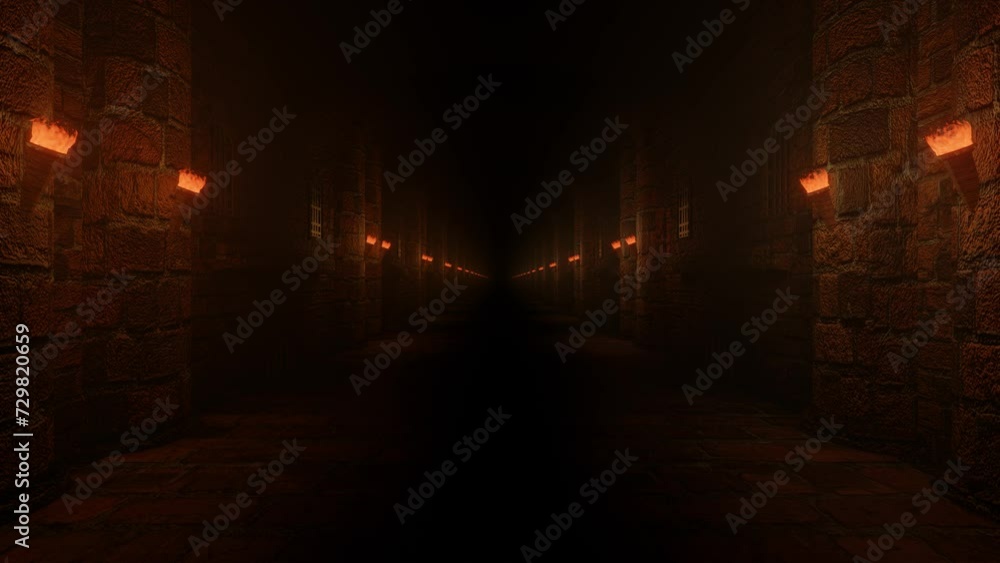 Poster endless movement forward along the stylized corridor of a medieval castle with burning torches on th