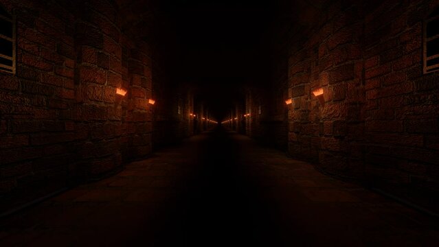 endless movement forward along the stylized corridor of a medieval castle with burning torches on the walls. animated looping background. 3D render