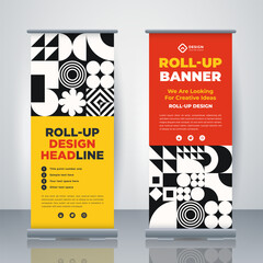 Geometric Business Roll Up. Standee Design. Banner Template. Presentation and Brochure. Geometric x-banner and flag-banner advertising. Vector illustration.