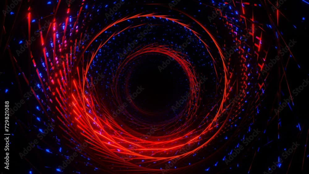 Poster endless movement forward through a dark round tunnel illuminated by red and blue light. animated loo