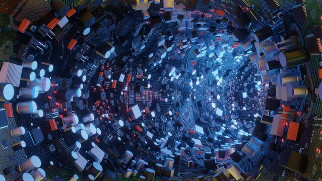 endless forward movement through a dark round tunnel with stylized radio components. technology concept. animated looping background. 3D render