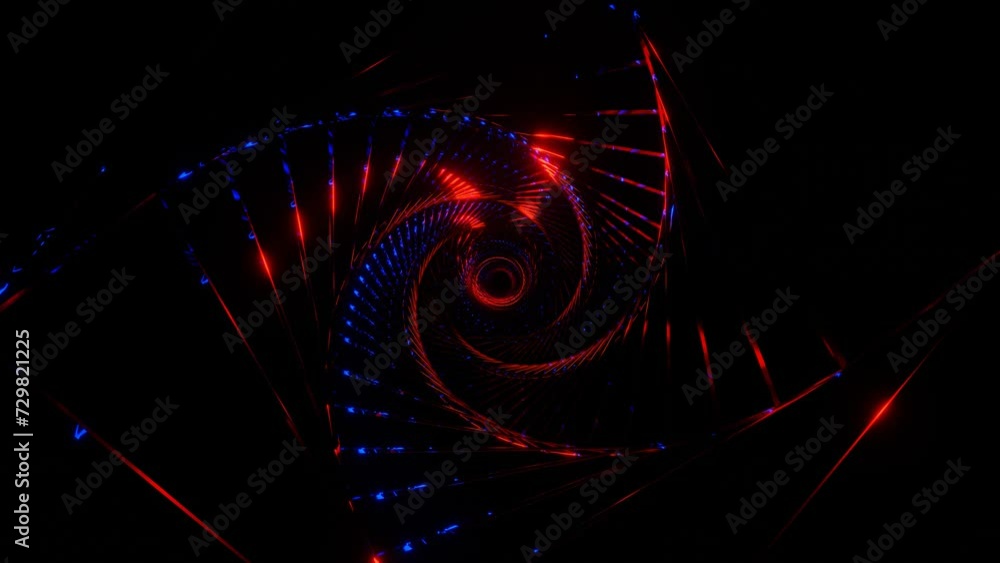 Poster endless movement forward through a dark round tunnel illuminated by red and blue light. animated loo