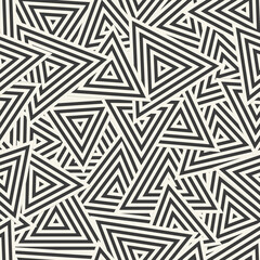 Abstract geometric pattern with concentric triangles scattered in a random pattern. Seamlessly repeating vector background for brochure covers, fabric printing. Mosaic triangular texture. - 729821217