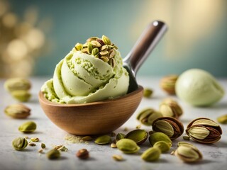 Pistachio ice cream gelato scoop, cinematic food dessert photography, studio lighting and background
