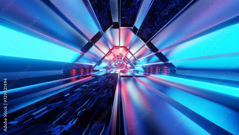 Poster endless movement forward through a futuristic tunnel with red and blue lighting. animated looping ba