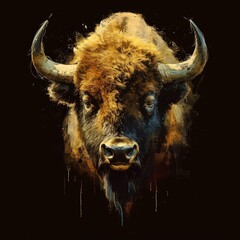Flat logo bison digital painting style on a black background. Digital painting style.