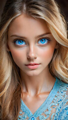 Naklejka premium Blue Eyes. Close-Up. Eye Color. Portrait. Beauty. Human Eye. Facial Feature. Gaze. Mesmerizing. Intense. Expression. Detail. Soulful. Iris. Macro. AI Generated.