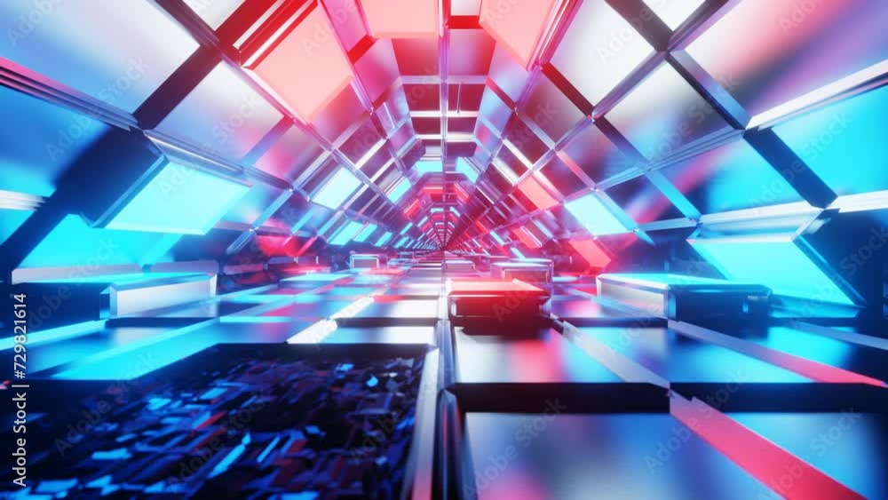 Poster endless movement forward through a futuristic tunnel with red and blue lighting. animated looping ba