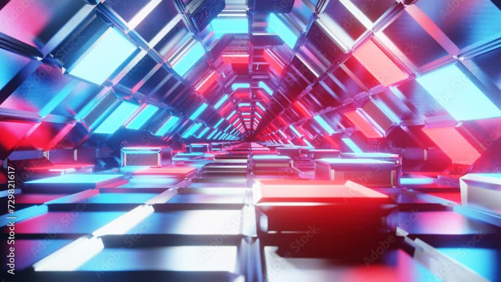 Poster endless movement forward through a futuristic tunnel with red and blue lighting. animated looping ba