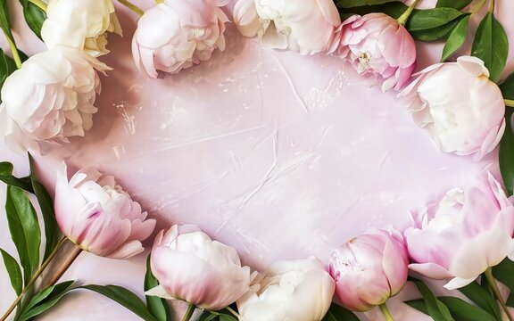 Aesthetic background frame with tender white and pink peonies. Copy space. Invitation or greeting concept