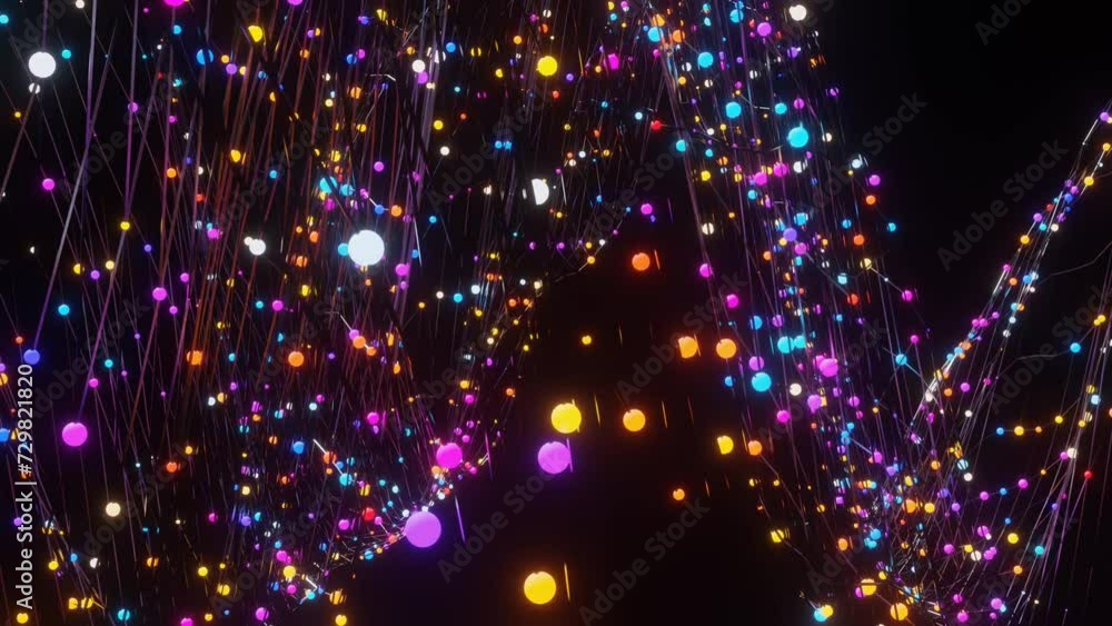 Poster animated looping background of multi-colored balls on a metal mesh. 3d render