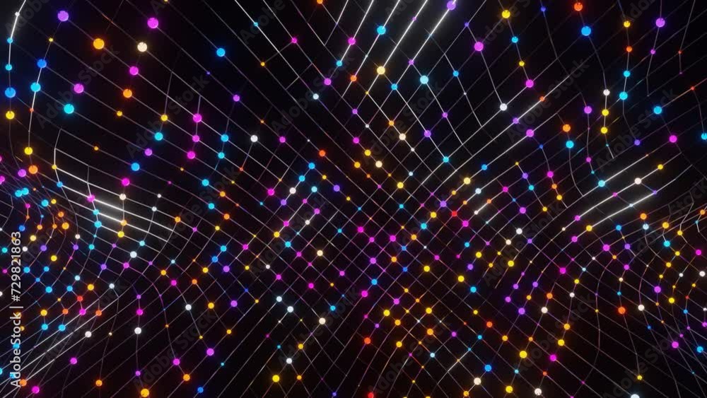 Poster animated looping background of multi-colored balls on a metal mesh. 3d render