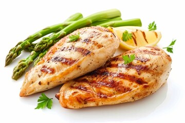 Grilled chicken breasts with asparagus and lemon on white background