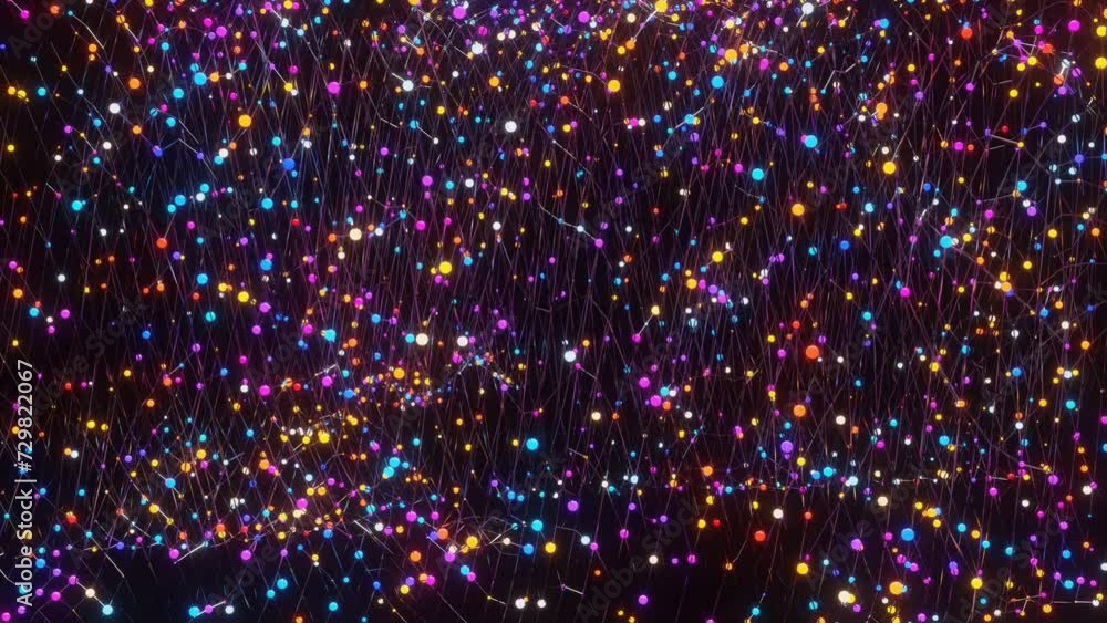 Poster animated looping background of multi-colored balls on a metal mesh. 3d render
