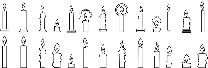 Set candle silhouettes for religion commemorative and party icon. Vector Black linear symbol collection isolated on transparent background. Editable stroke some melted and others solid.
