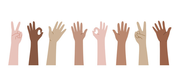 Raised hands flat vector in different color skin, encourage concept.