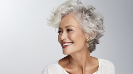 Close-up of a beautiful gorgeous smiling mature woman of the 50s looking to the side on a white background of the osprey space. Beauty, Cosmetology, makeup, facial skin care, cosmetics concepts.