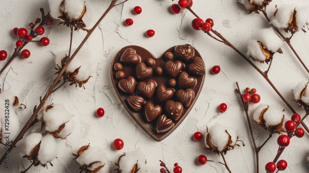 Poster a heart shaped chocolate covered in chocolate surrounded by branches of berries and branches of bran