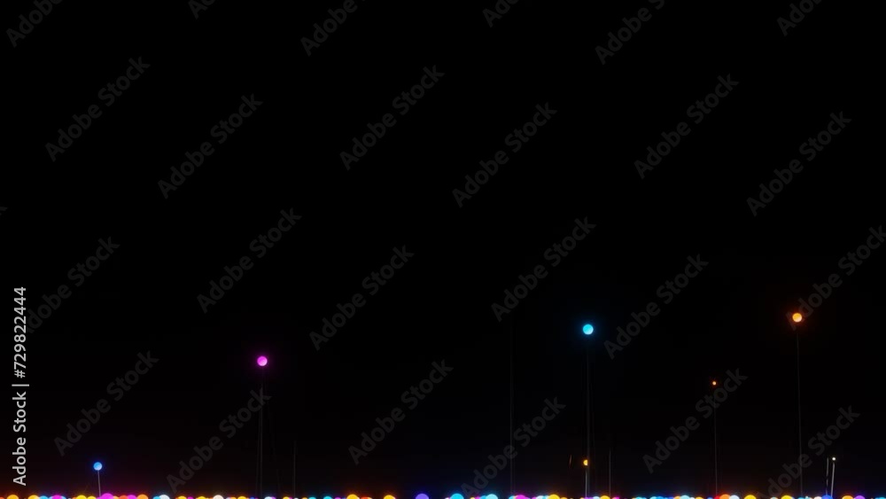 Poster animated looping background of multi-colored balls on a metal mesh. 3d render