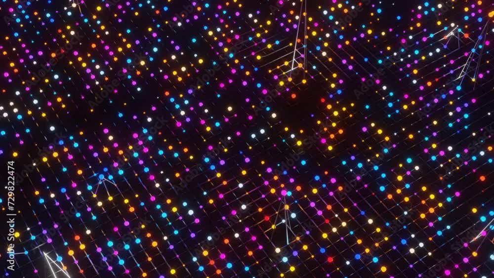 Poster animated looping background of multi-colored balls on a metal mesh. 3d render