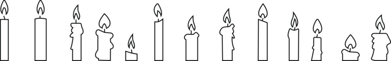 Set candle silhouettes for religion commemorative and party icon. Vector Black linear symbol collection isolated on transparent background. Editable stroke some melted and others solid.
