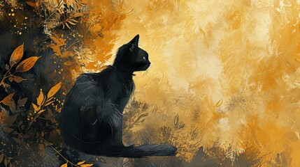  a painting of a black cat sitting on a tree branch looking up at the sky with yellow leaves in the foreground and a yellow background with a black cat in the foreground.