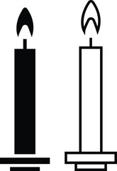 Set candle silhouettes for religion commemorative and party icon. Vector Black linear or flat symbol collection isolated on transparent background. Editable stroke some melted and others solid.