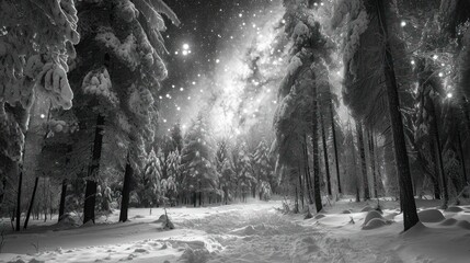  a black and white photo of a snowy path in a forest at night with stars in the sky and snow on the ground and trees and snow on the ground.