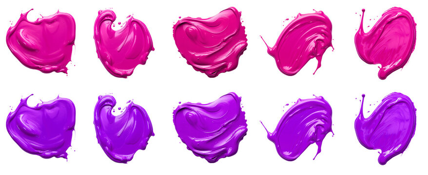 2 Collection set of magenta purple pink, blob paint ink liquid smear smudge swatch cream gel wax on transparent background cutout, PNG file. Many different design. Mockup template artwork graphic