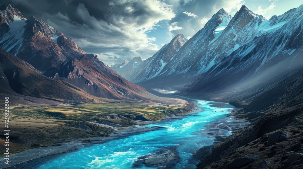 Poster a painting of a mountain range with a river in the foreground and a mountain range in the background