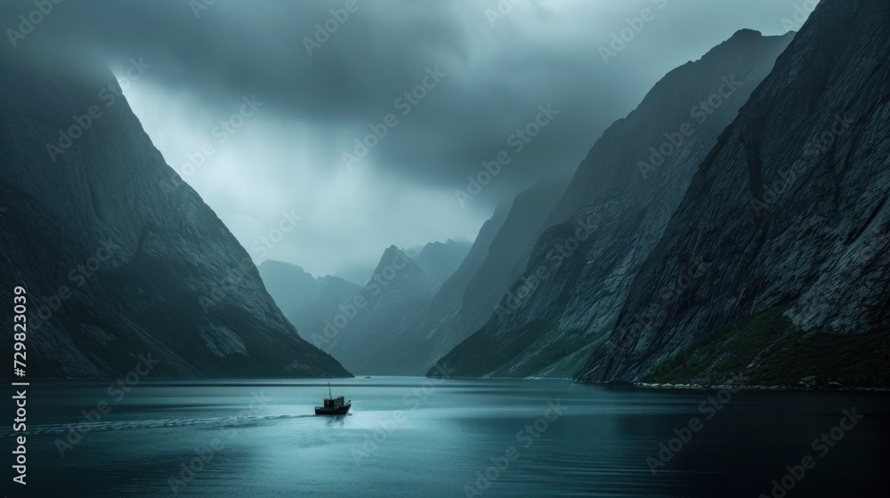 Poster a boat in a body of water with mountains in the background and a sky filled with clouds in the dista