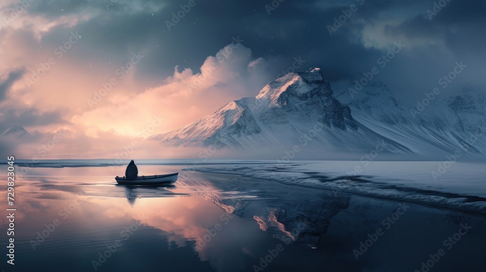 Poster a person sitting in a boat on a body of water with a mountain in the background and a sky filled wit