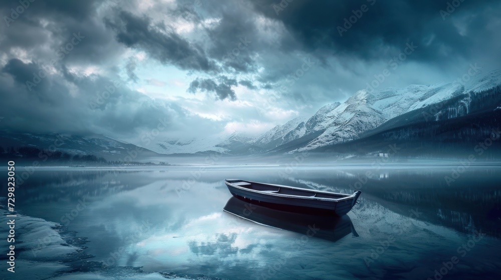 Poster a boat floating on top of a body of water under a cloudy sky with a mountain range in the background